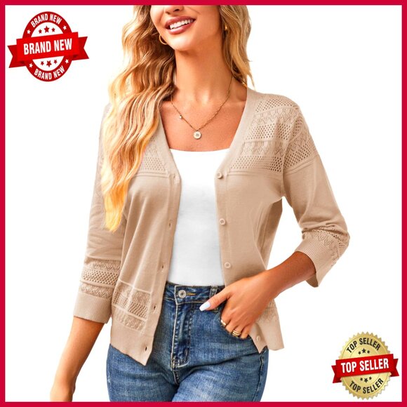 Sweaters - Cropped Cardigan Crochet 3/4 Sleeve Lightweight Shrug Elegant Chic Boho Knit